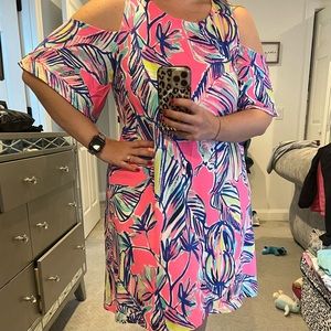 Lilly Pulitzer SOMERSET Open Shoulder Tiki Pink Cabana Crazed Dress size XL